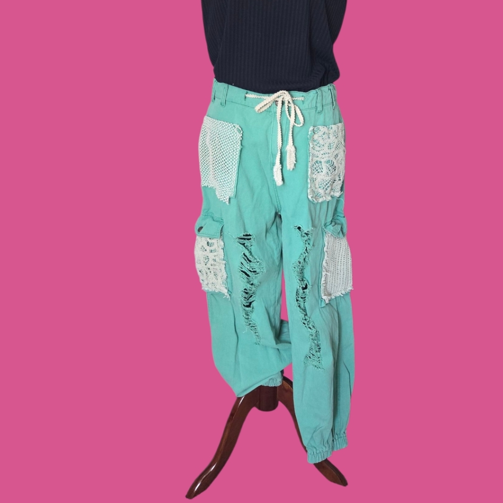 Pol New Teal Mint Patchwork Distressed Denim Jogg… - image 1